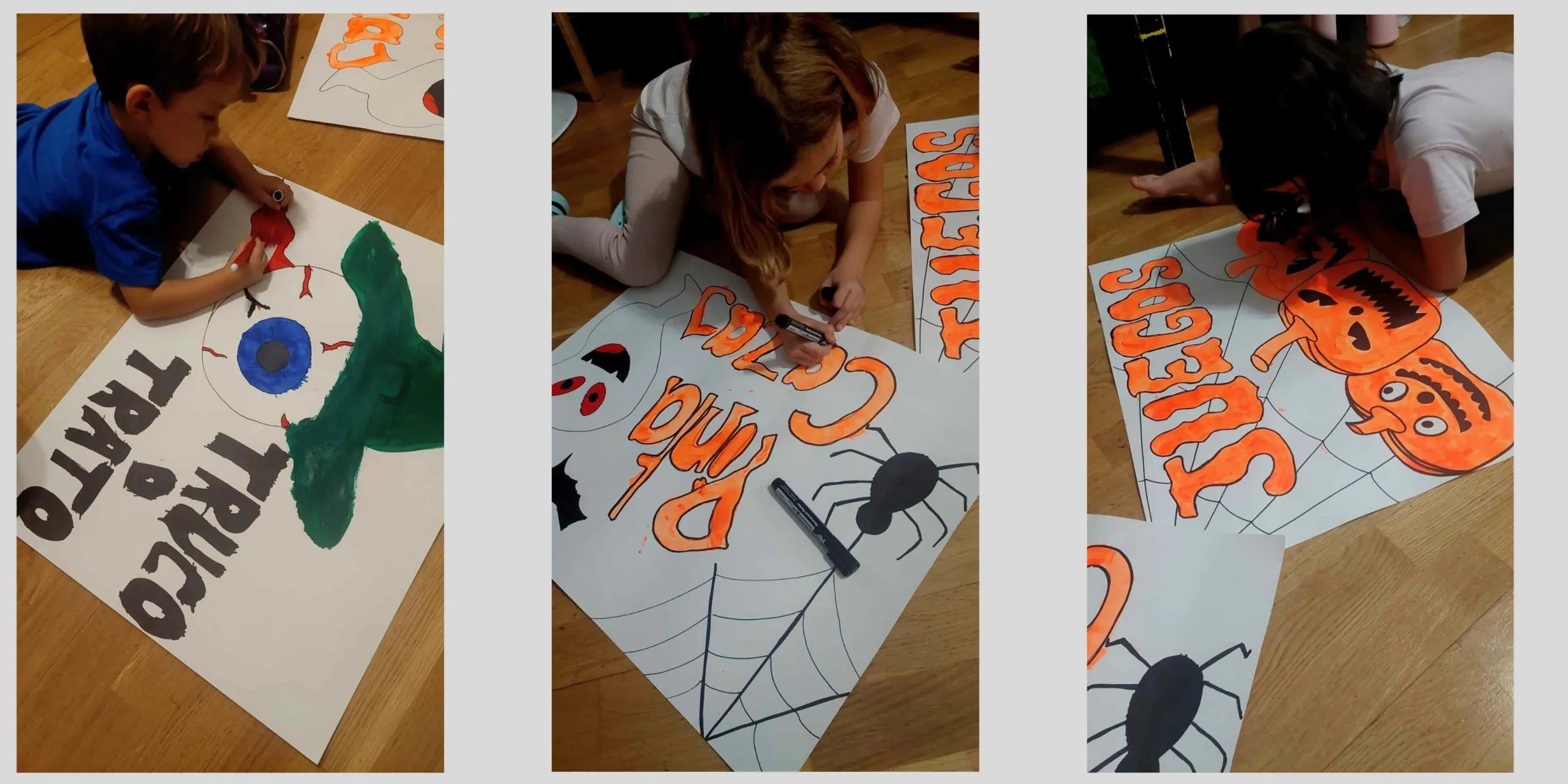 niños pintando carteles de halloween