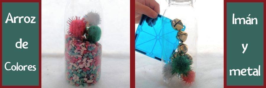 botellas con arroz y cascabeles