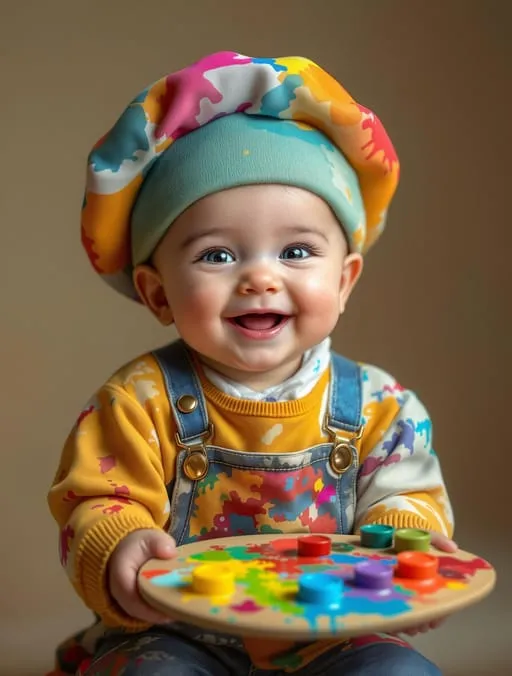 Bebe explorando materiales artisticos y de colores