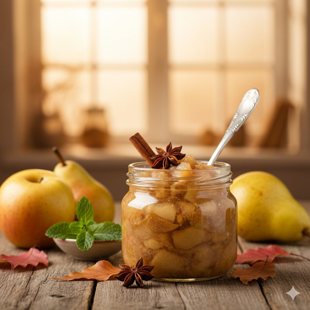 Imagen realista de una compota de manzana y pera en un frasco de cristal