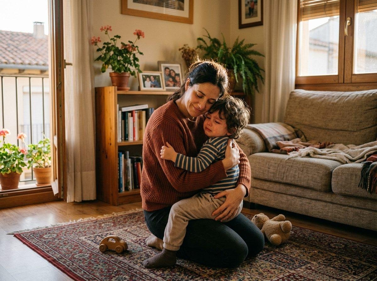 Madre abrazando con ternura a su hijo tras la rabieta — Los Mundos de Noa