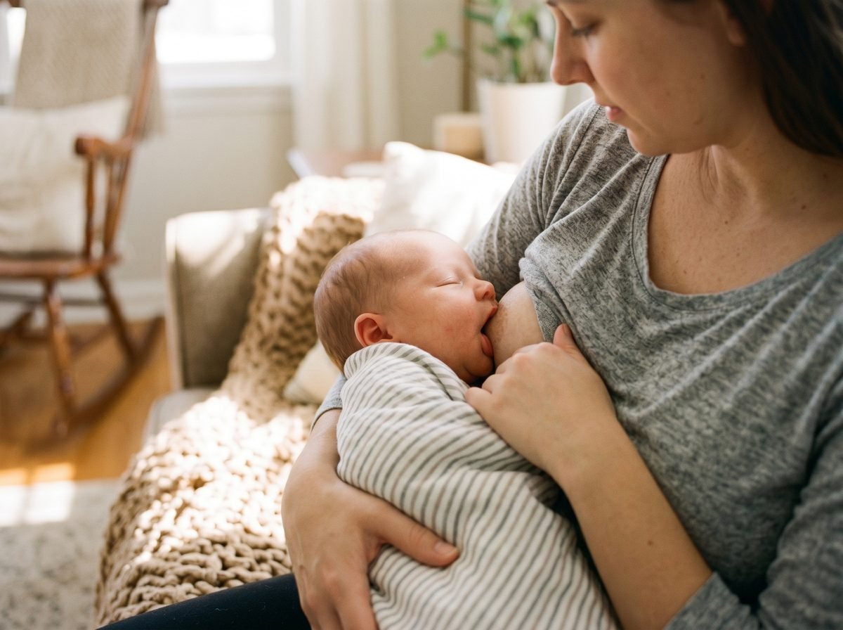 Agarre profundo correcto lactancia materna bebé recién nacido areola boca abierta — Los Mundos de Noa