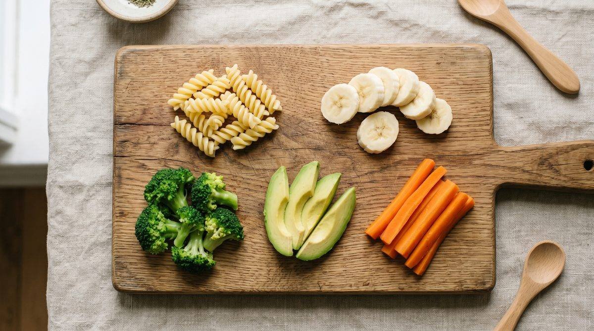Alimentos seguros BLW primer mes: plátano aguacate brócoli zanahoria al vapor pasta — Los Mundos de Noa