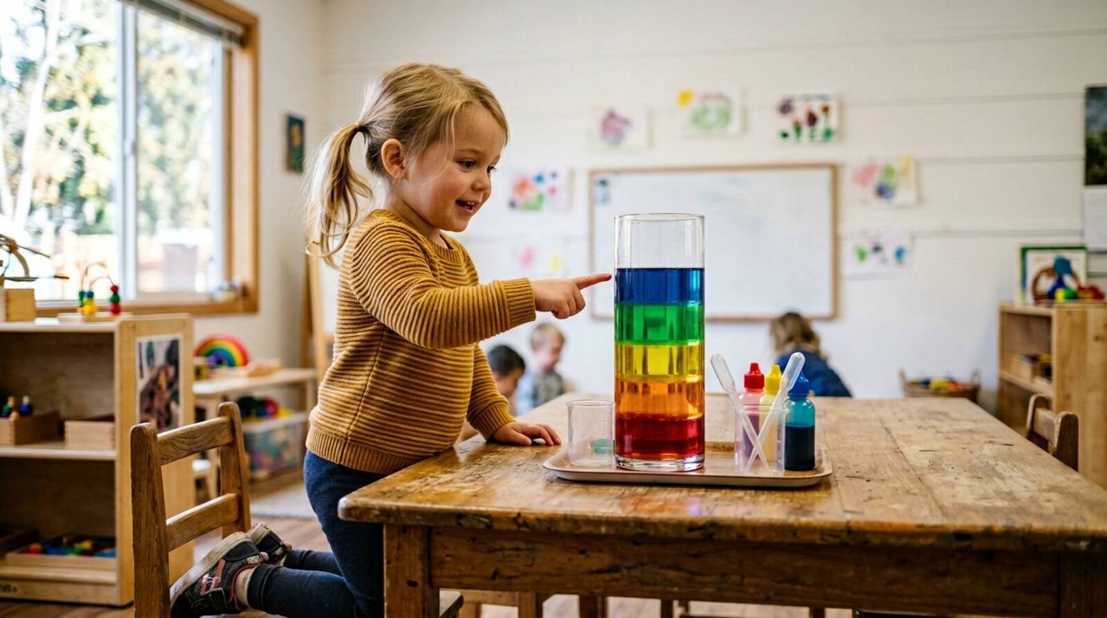 Niño preparando vasos con agua teñida de distintos colores — paso 1