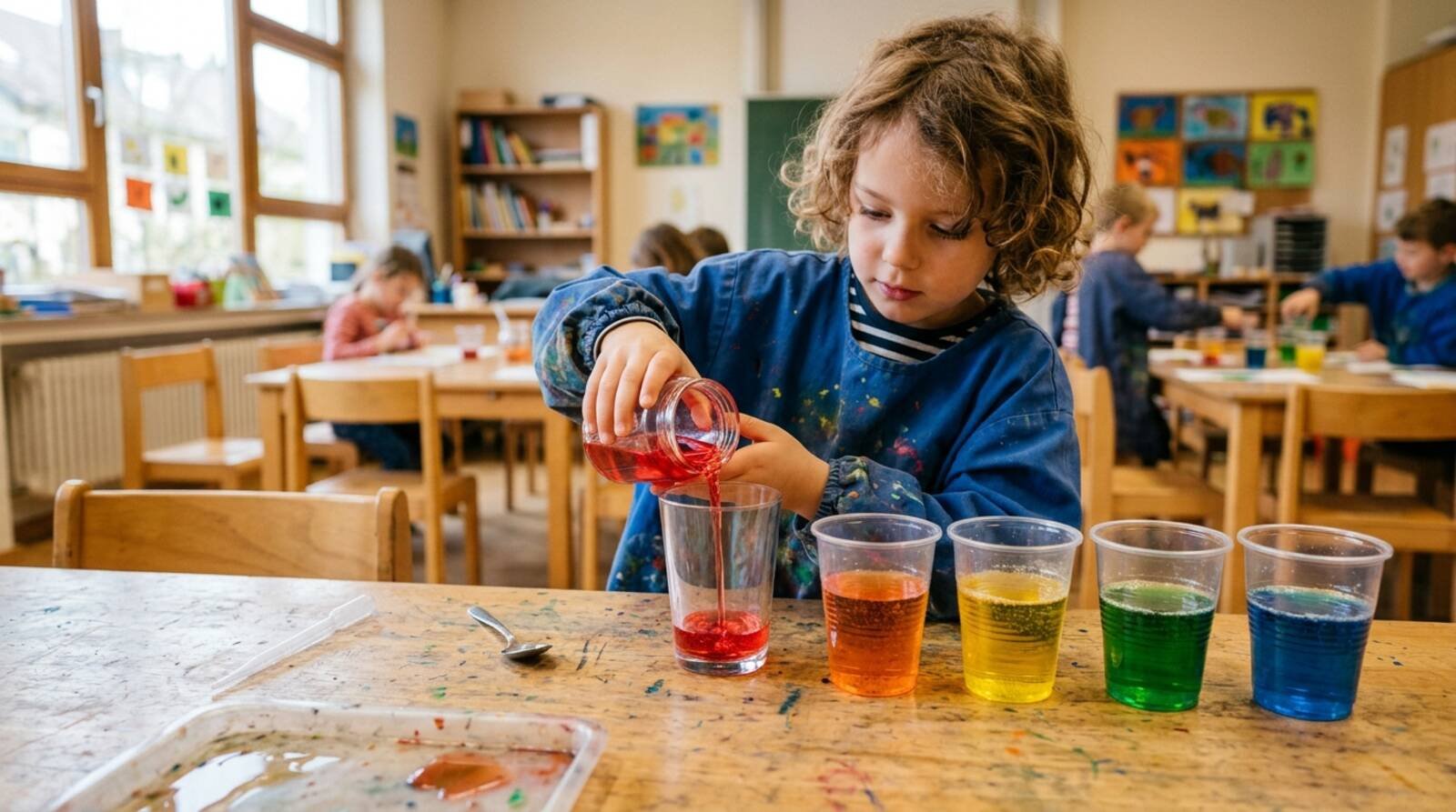 Niño vertiendo agua roja en vaso — formando capas de densidad