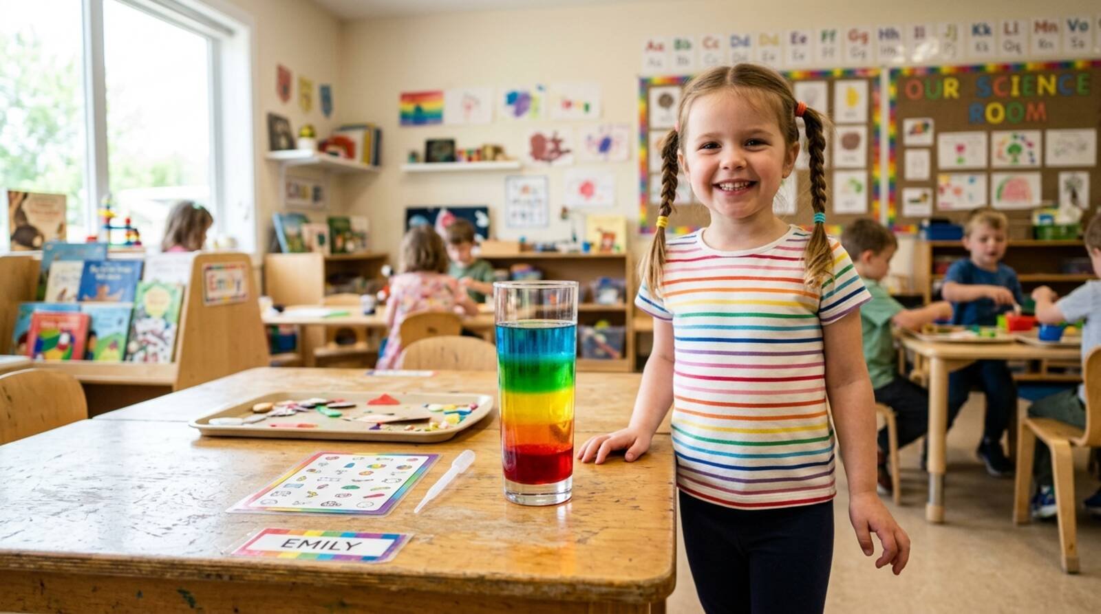 Vaso con cinco capas de colores perfectas — arcoíris completo sin mezclar