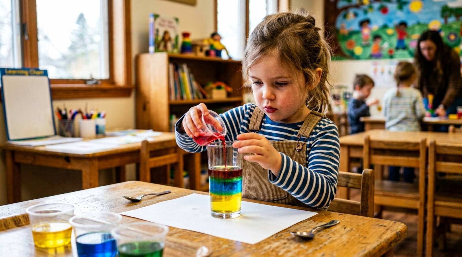 Niño observando capas de colores en un vaso — experimento densidades
