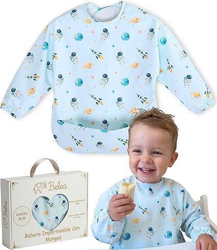 Babero mangas impermeable BLW bolsillo recogemigas alimentación bebé