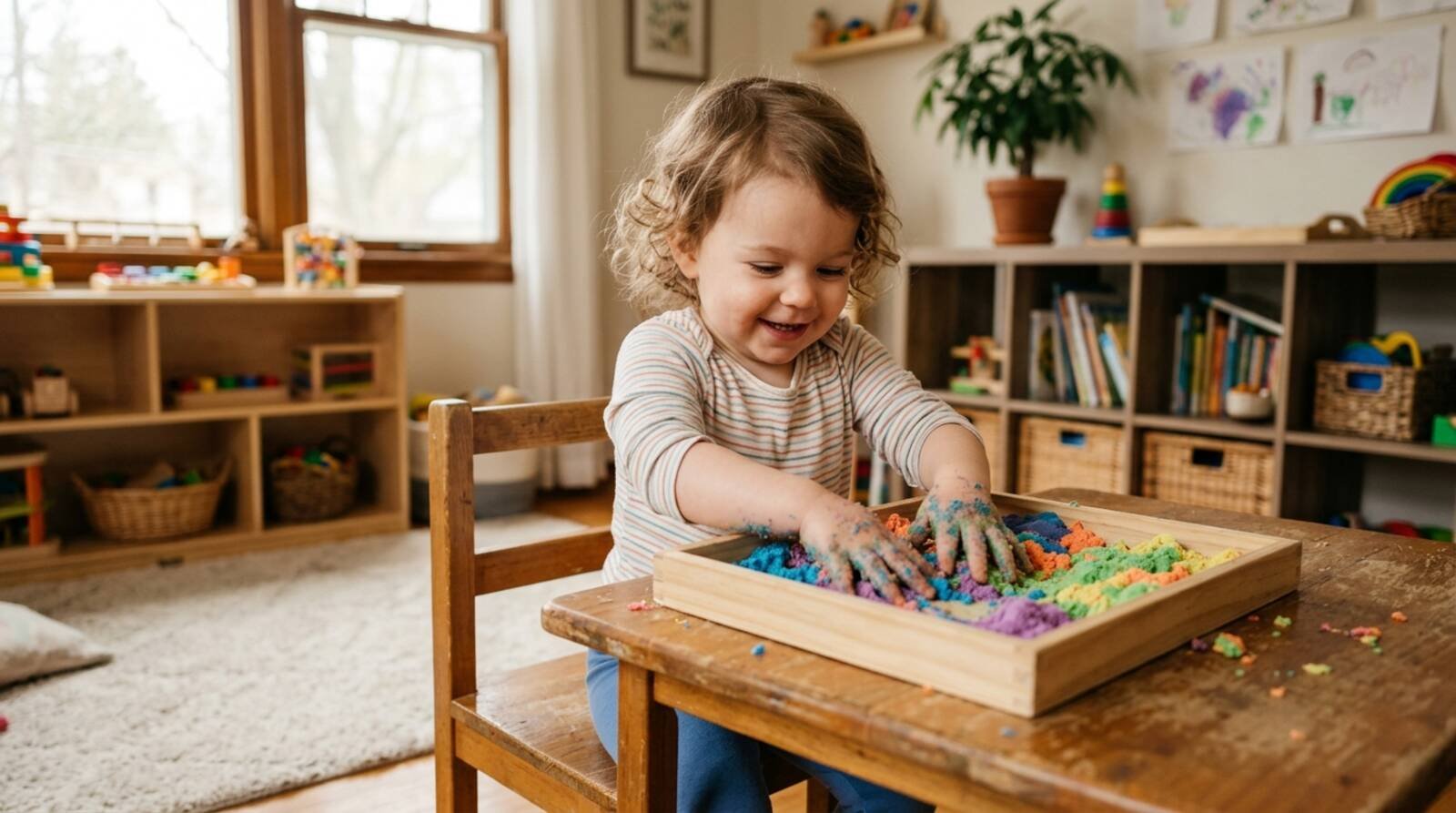 Niño metiendo las manos en bandeja de arena de colores — exploración sensorial infantil