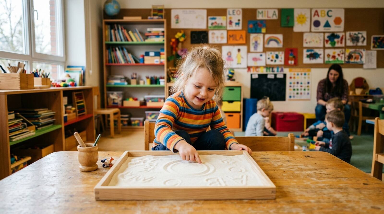 Niño trazando letras en bandeja de sémola sensorial