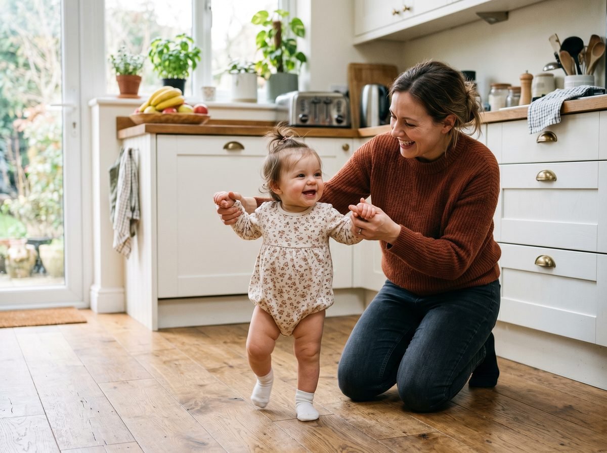 Bebé de 12 meses dando primeros pasos cogido de las manos de su madre — Los Mundos de Noa