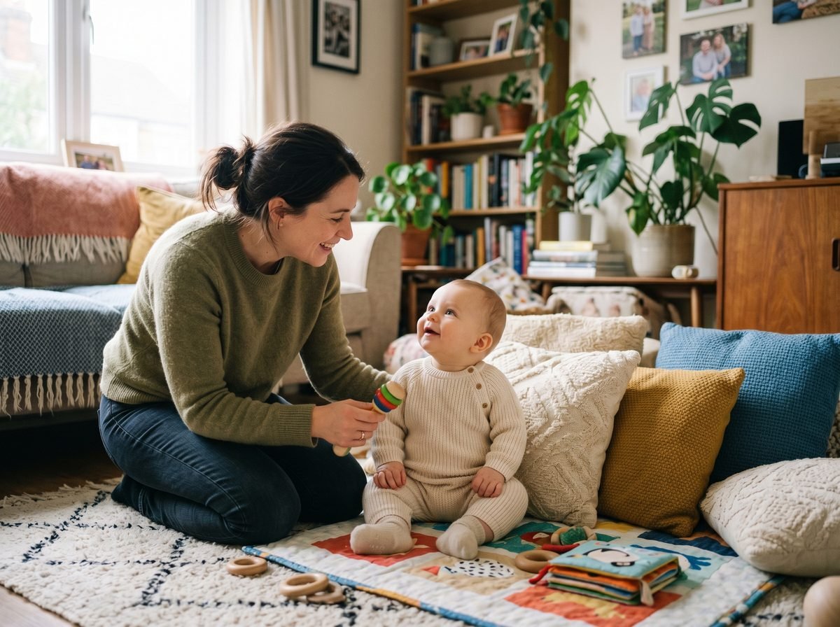 Bebé de 6 meses sentándose con apoyo mirando a su madre hito desarrollo — Los Mundos de Noa