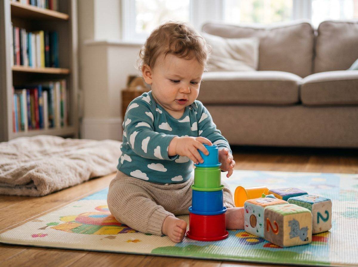 Bebé de 8-10 meses sentado jugando con vasos apilables y bloques en alfombra — Los Mundos de Noa