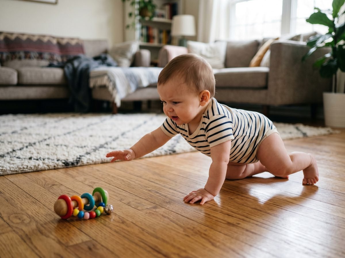 Bebé de 9 meses gateando en el suelo buscando juguete desarrollo motor — Los Mundos de Noa