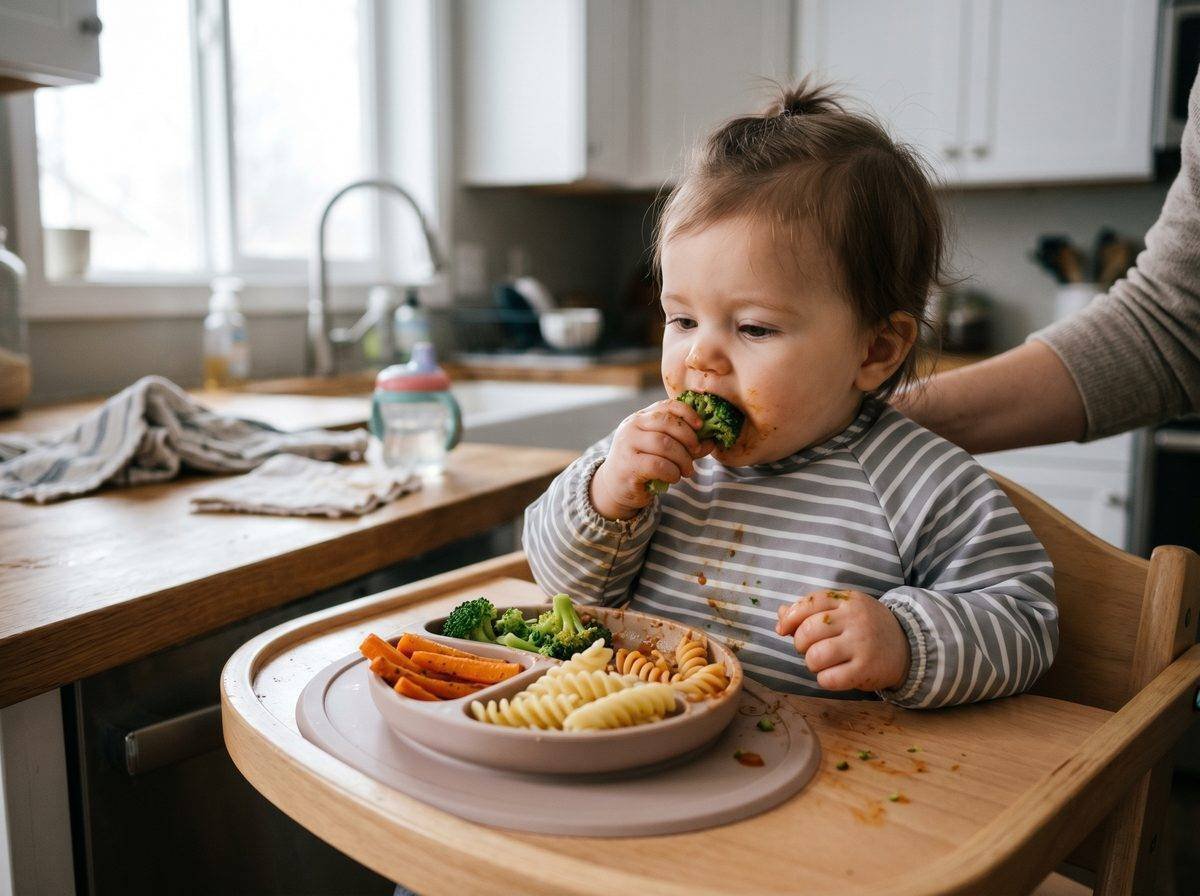 Bebé autoalimentándose con trozos blandos de comida BLW método — Los Mundos de Noa