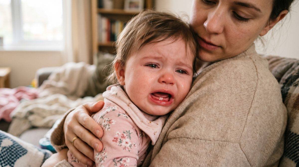 Bebé con encías hinchadas durante la dentición siendo consolado — Los Mundos de Noa