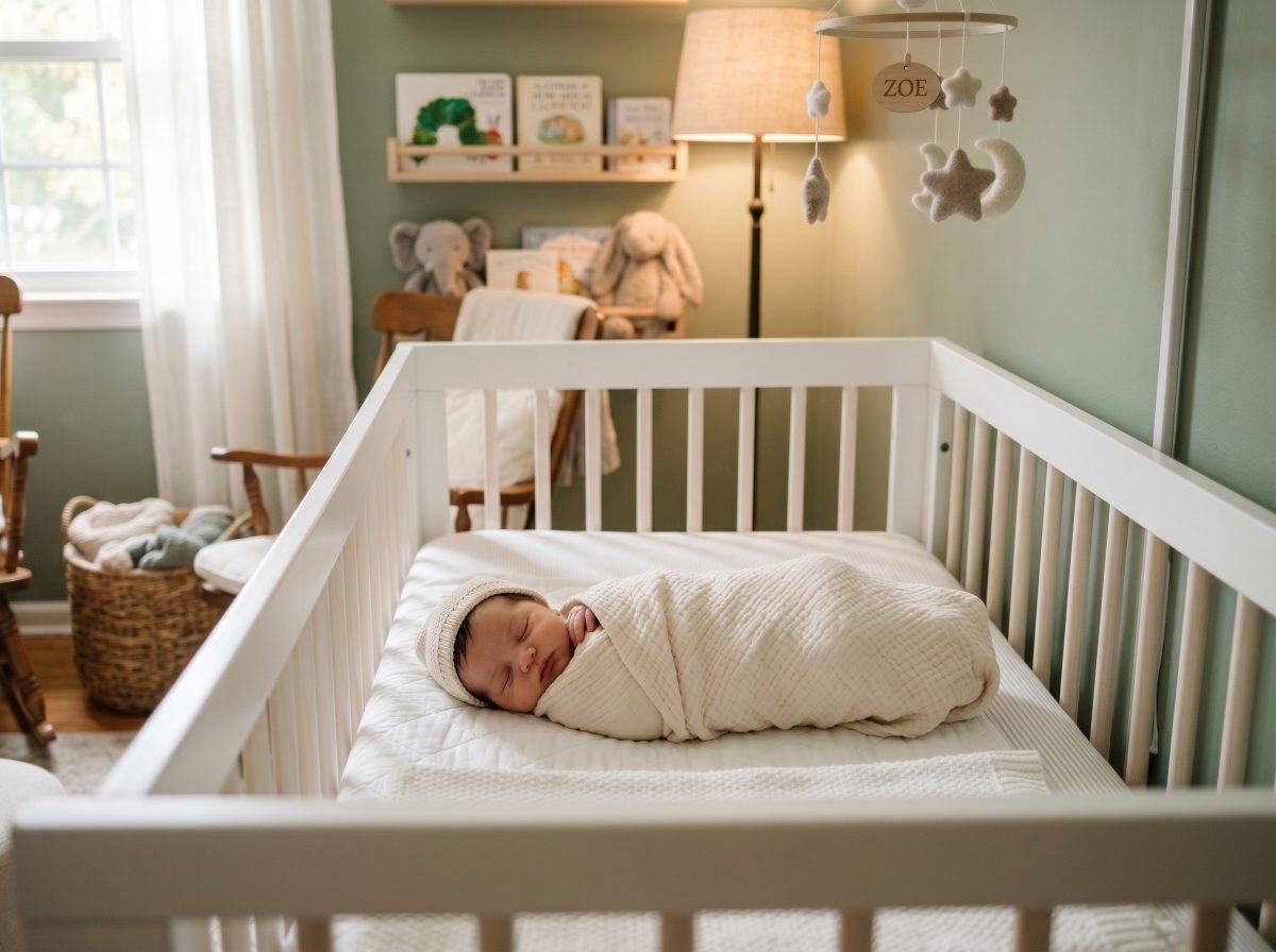 Bebé recién nacido durmiendo en cuna de madera — Los Mundos de Noa