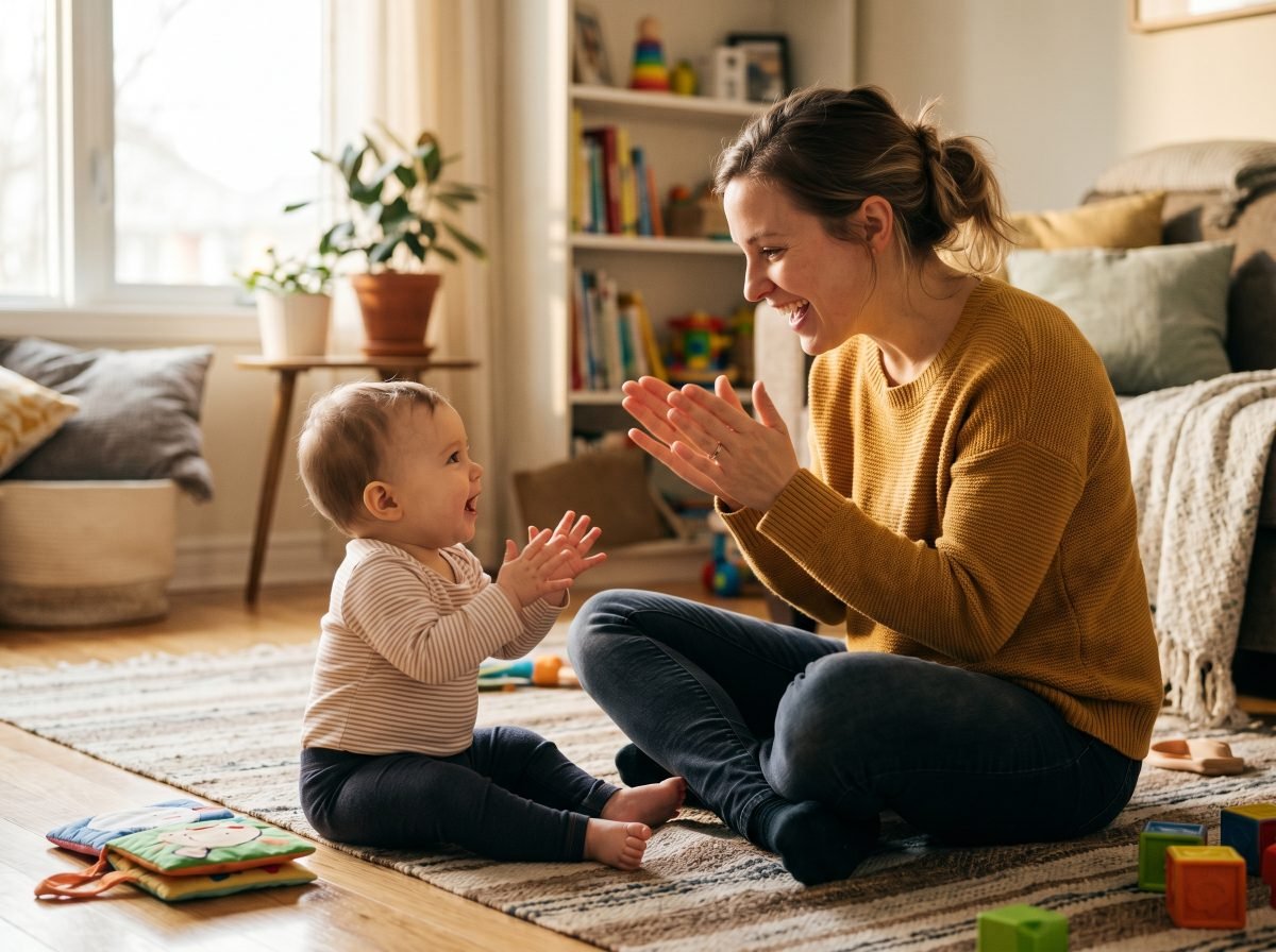 Bebé y mamá haciendo actividad musical en casa cantando canciones de cuna — Los Mundos de Noa
