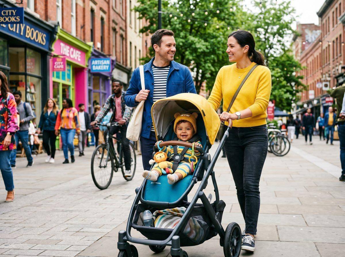 Bebé en silla de paseo por la ciudad — Los Mundos de Noa