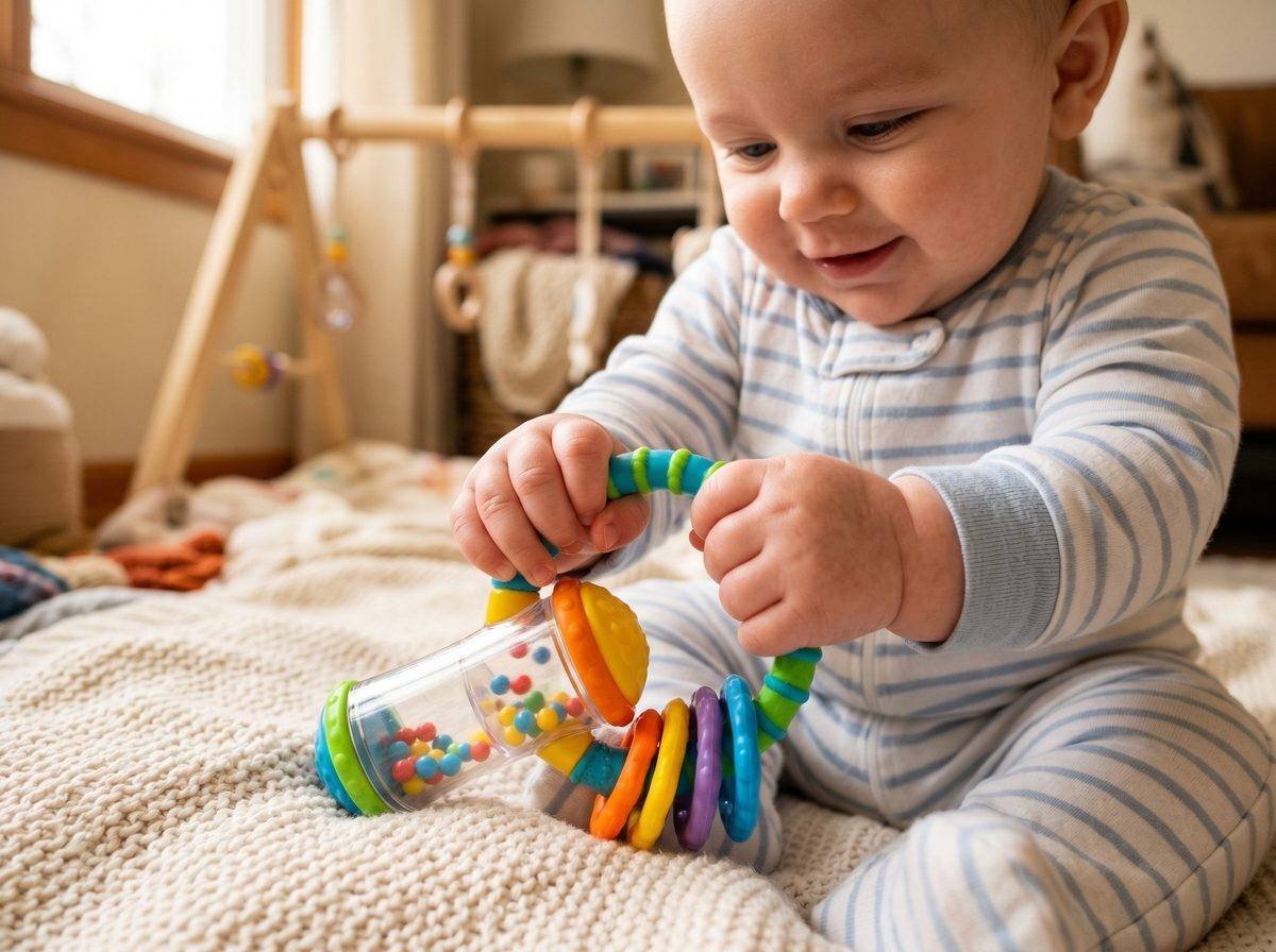 Bebé de 6 meses agitando sonajero colorido estimulación sensorial desarrollo — Los Mundos de Noa
