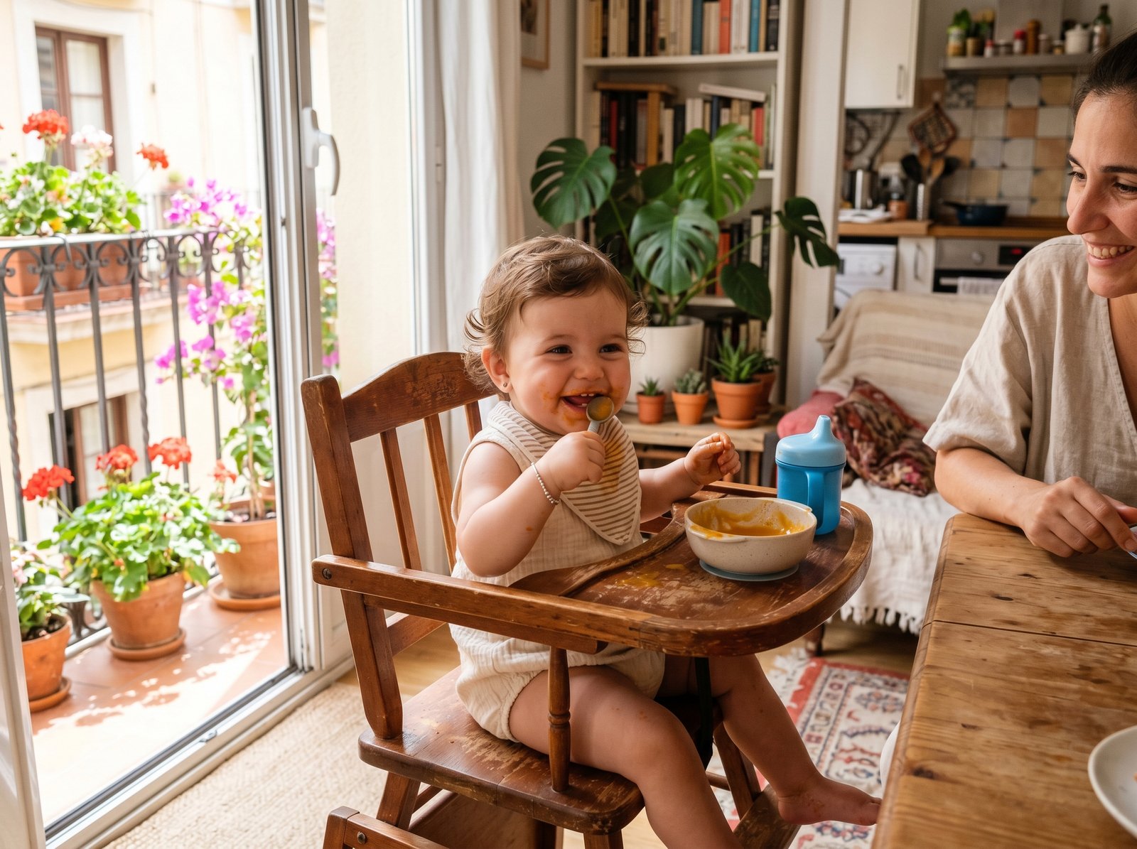 Bebé comiendo en trona evolutiva de madera — Los Mundos de Noa