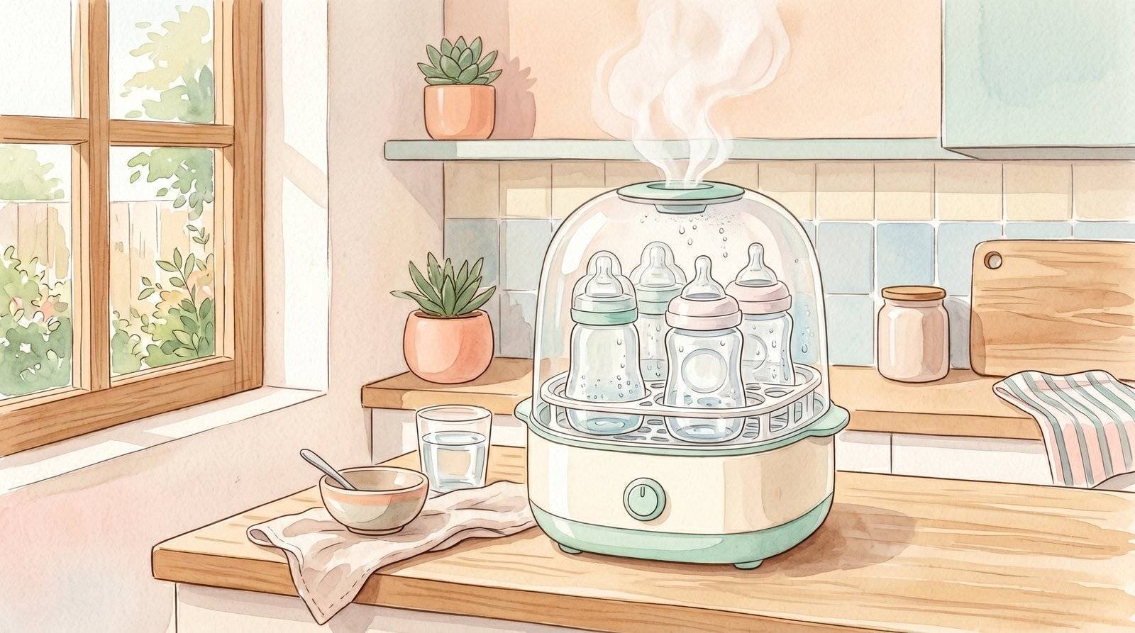 Esterilizador eléctrico de biberones en una cocina moderna