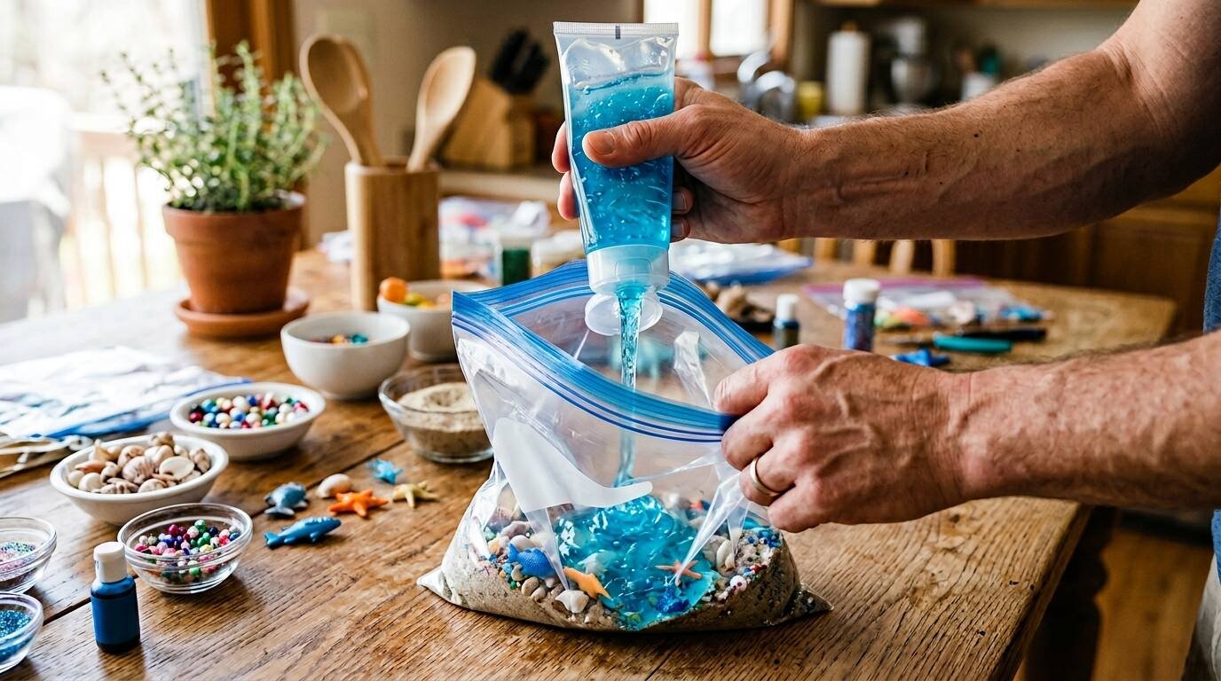 Preparando gel azul transparente para bolsa sensorial océano bebé