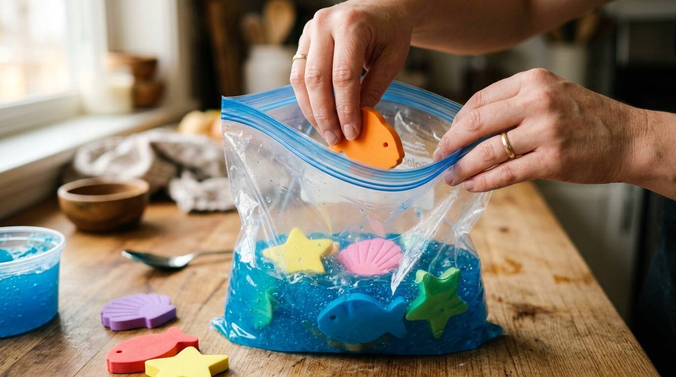 Introduciendo figuras de foam de océano en bolsa con gel azul
