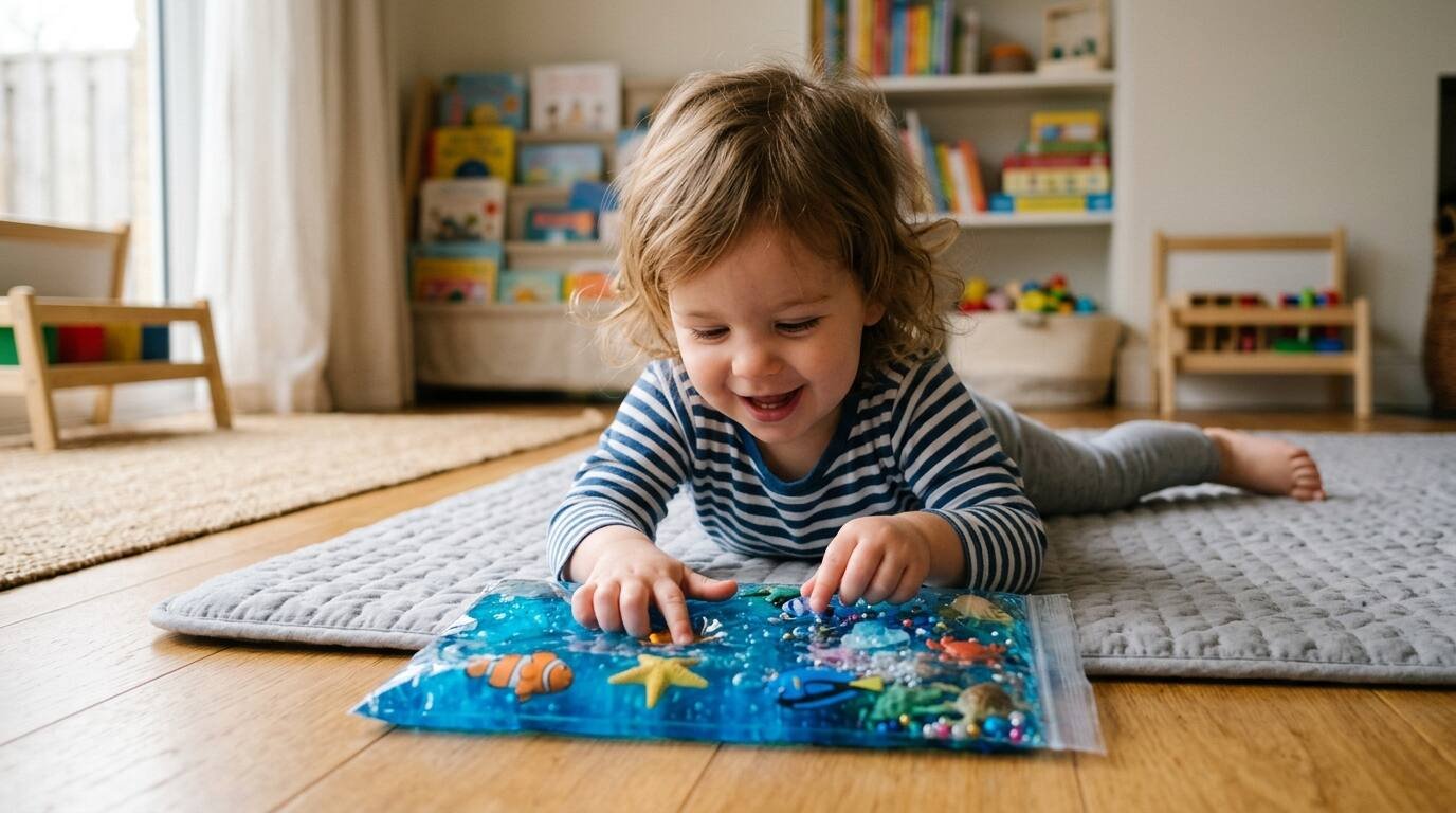 Bebé explorando bolsa sensorial de gel océano en el suelo — resultado final