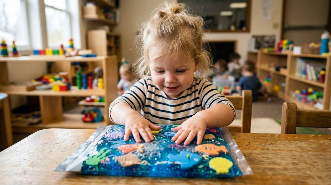 Bebé de 1 a 3 años explorando bolsa sensorial de gel azul con peces y conchas — actividad océano