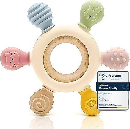 CAJA mordedor bebé silicona madera sin BPA forma animal juguete dentición sensorial