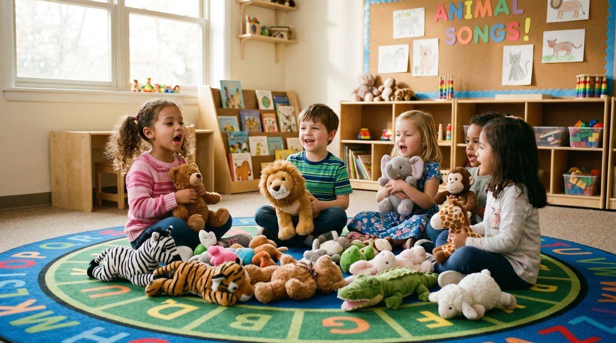 Niños cantando canciones de animales en el aula