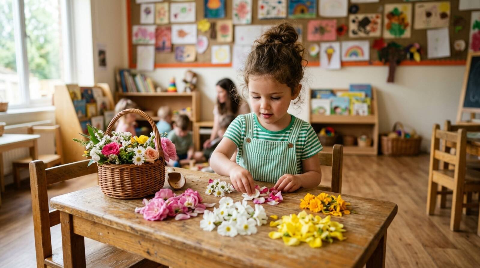 Niño clasificando pétalos de colores sobre la mesa — actividad naturaleza infantil
