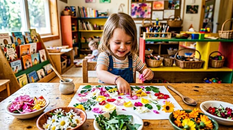 Niña pegando pétalos de flores en papel para crear un collage de primavera — actividad infantil