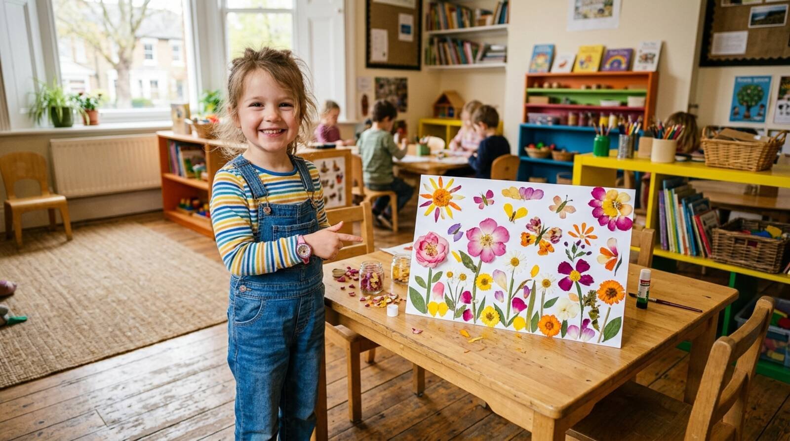 Obra de collage de flores de primavera creada por niño — arte natural infantil