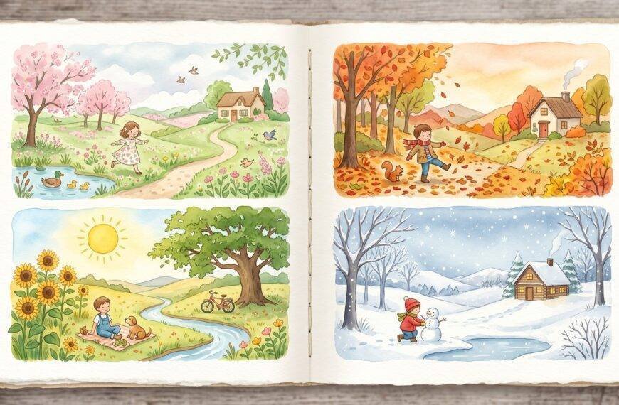 Cuento abierto con ilustraciones de las cuatro estaciones del año: primavera, verano, otoño e invierno