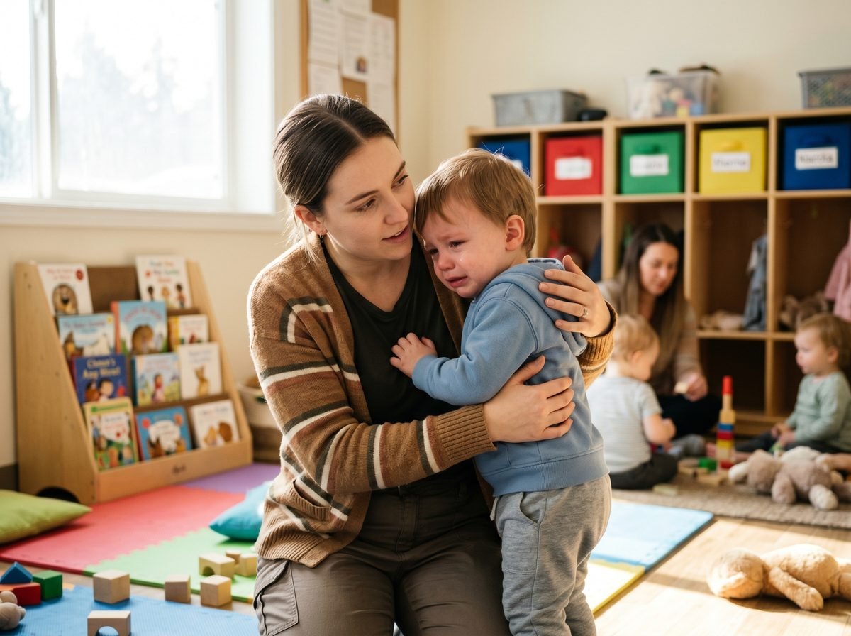 Educadora consolando a niño llorando periodo de adaptación guardería acompañamiento emocional — Los Mundos de Noa