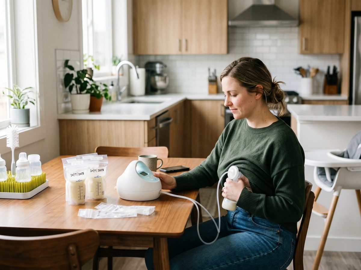 Madre extrayendo leche materna con sacaleches en cocina bolsas almacenamiento — Los Mundos de Noa