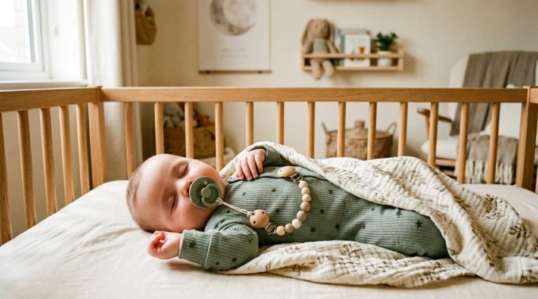 Bebé durmiendo con chupetero clip en el pijama — Los Mundos de Noa