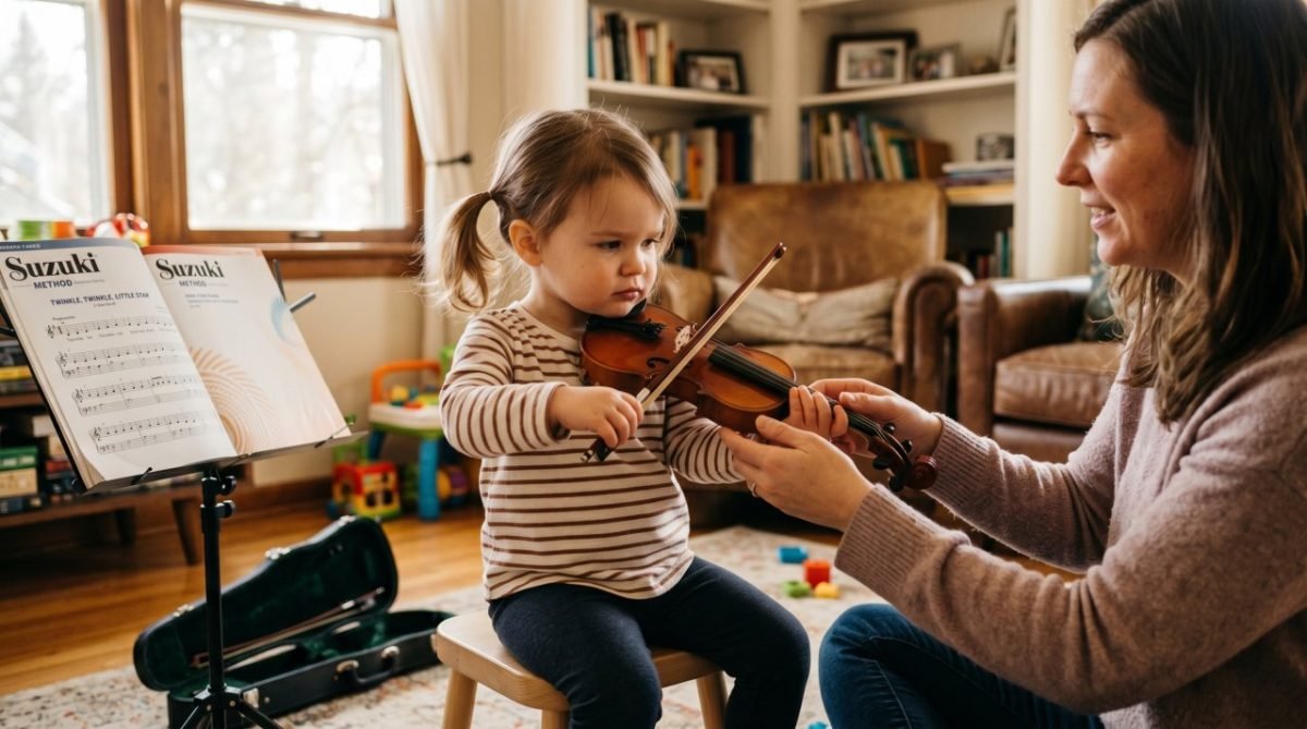 Niño pequeño aprendiendo violín con el método Suzuki guiado por adulto — Los Mundos de Noa