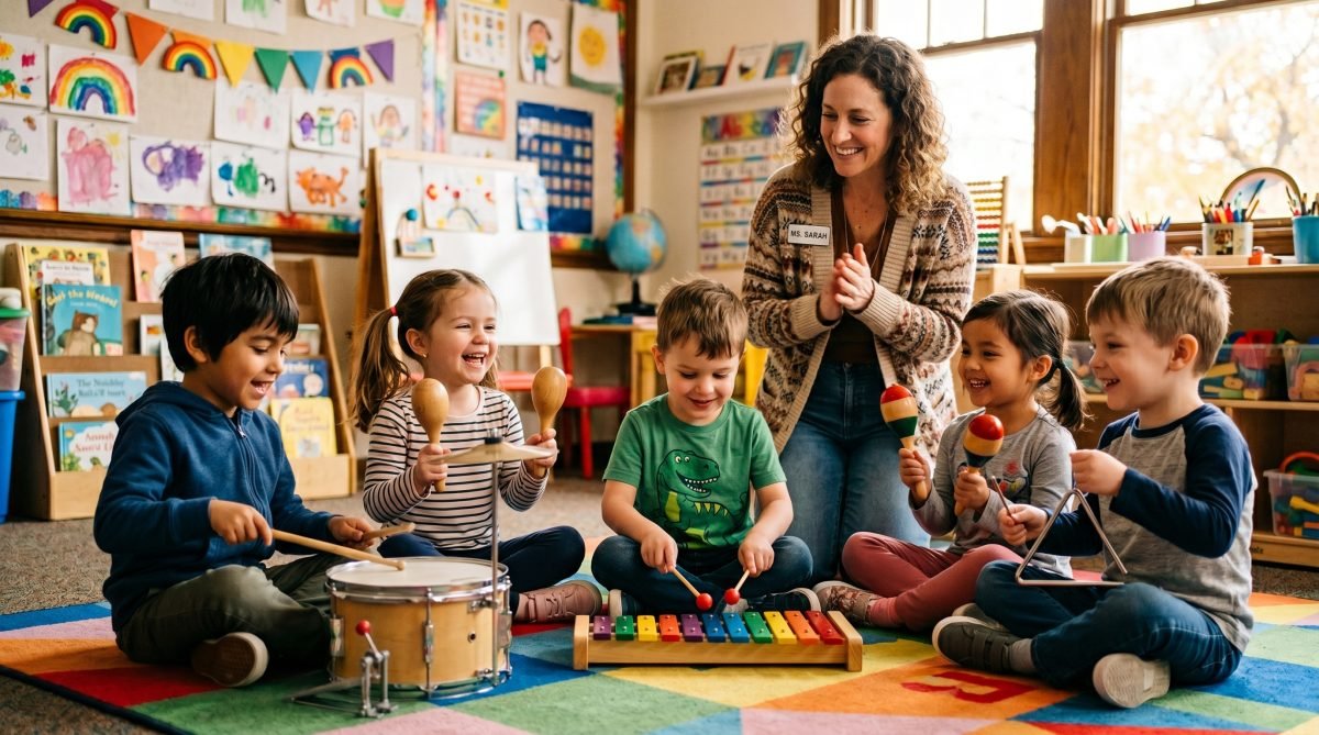 Niños tocando instrumentos musicales en el aula de infantil — Los Mundos de Noa