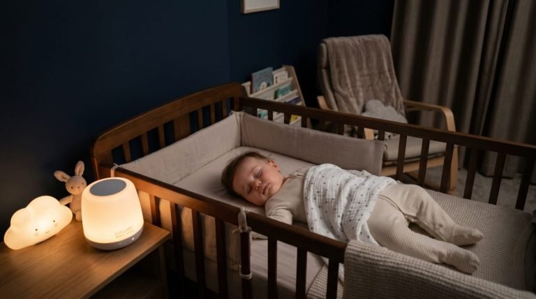 Bebé durmiendo con máquina de ruido blanco encendida — Los Mundos de Noa