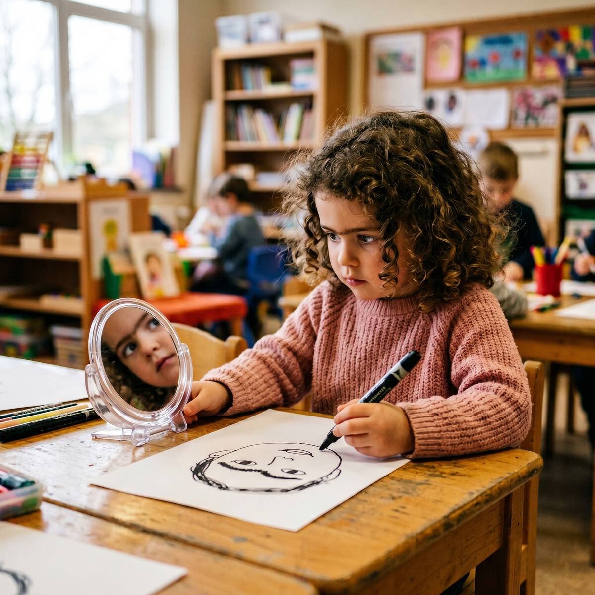 Niña dibujando su autorretrato con monocieja estilo Frida