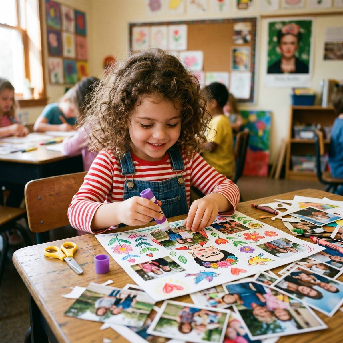 Niño haciendo collage familiar estilo Frida Kahlo