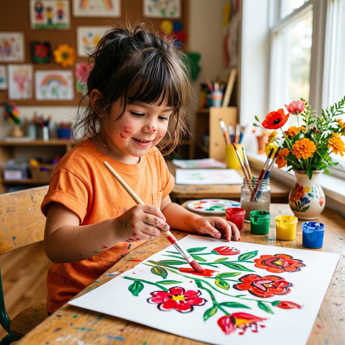 Niño pintando flores rojas estilo Frida Kahlo