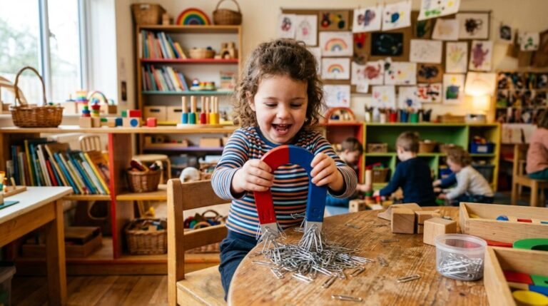 Niño de 3 años sosteniendo un imán con clips pegados — juegos con imanes para niños