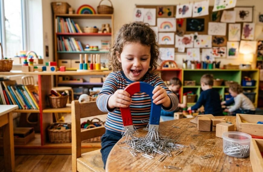 Niño de 3 años sosteniendo un imán con clips pegados — juegos con imanes para niños