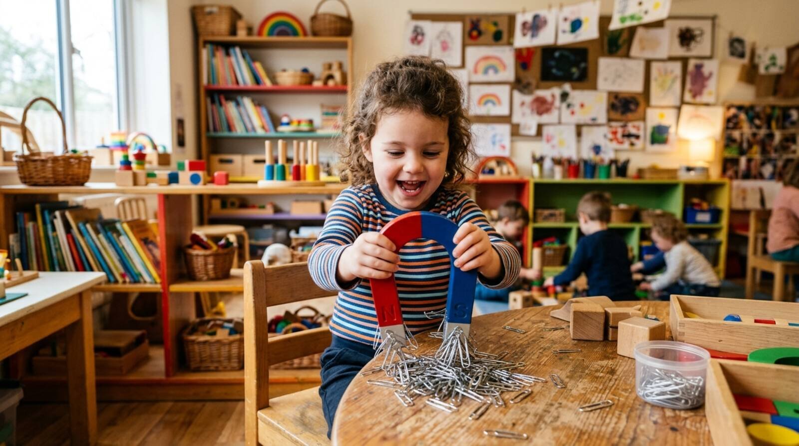 Niño explorando objetos con imán en aula