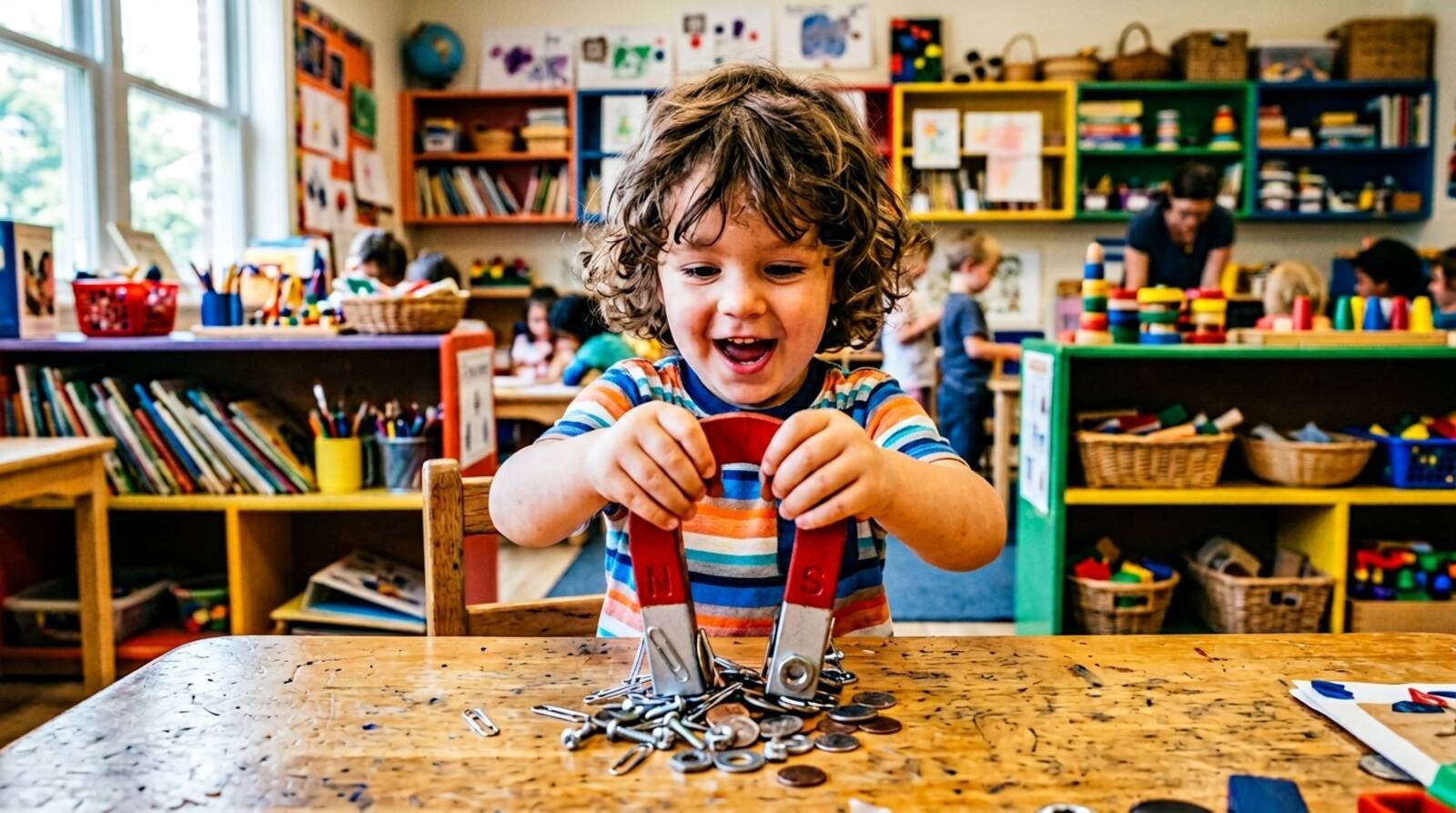 Niño pasando un imán sobre objetos metálicos en una bandeja — experimento imanes infantil