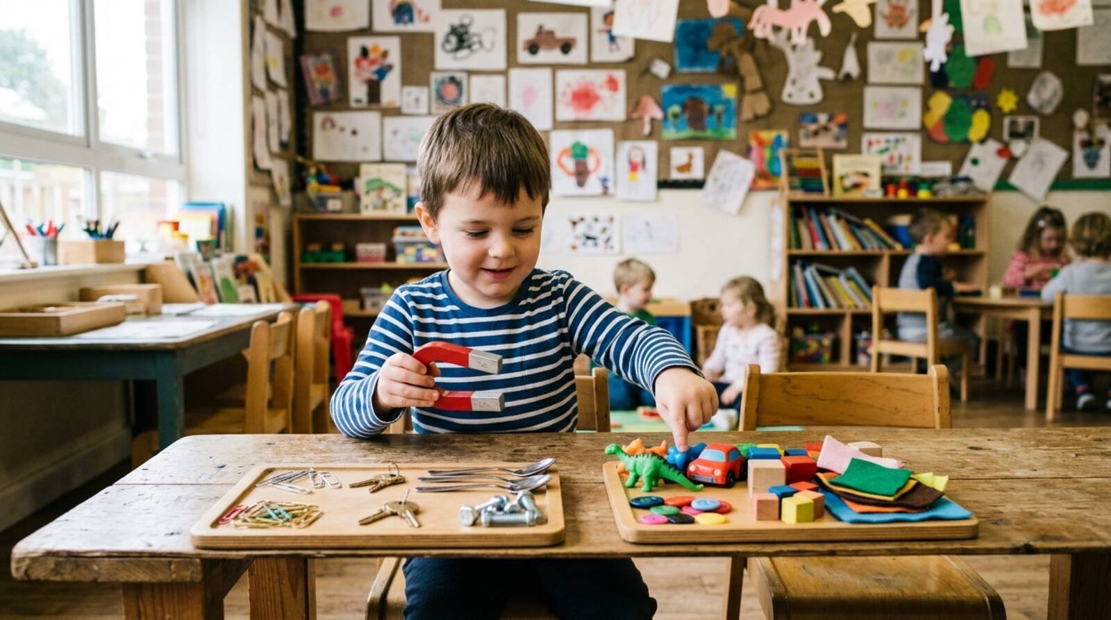 Niño clasificando objetos magnéticos y no magnéticos en dos grupos sobre la mesa